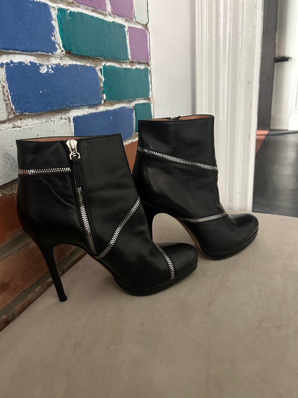 Blumarine Black Leather Ankle Boots with Silver Zipper Trim